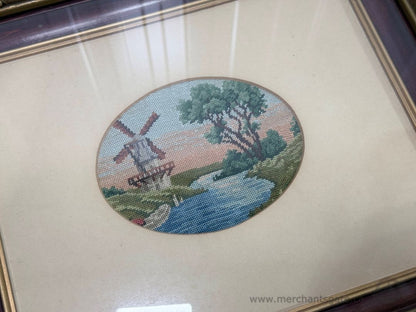 Vintage 1946 Framed Needlepoint Windmill Landscape Hand Stitched Artwork