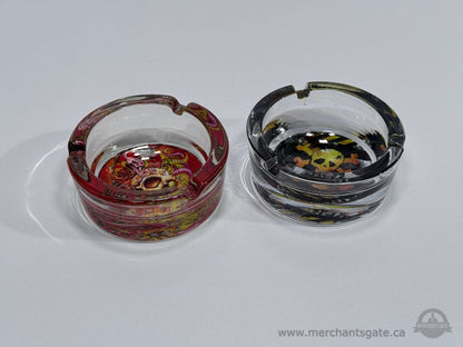 Set of 2 Glass Ashtrays Skull Design Red and Black Round 3"