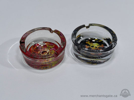Set of 2 Glass Ashtrays Skull Design Red and Black Round 3"