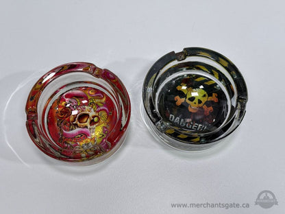 Set of 2 Glass Ashtrays Skull Design Red and Black Round 3"