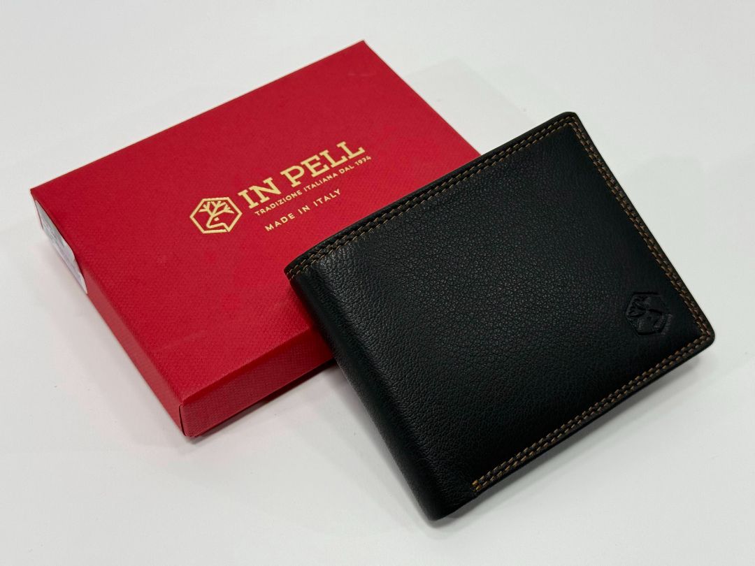 New! Valentina In Pell Genuine Leather Bifold Wallet - Made In Italy Black