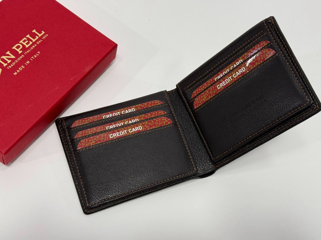 New! Valentina In Pell Genuine Leather Bifold Wallet - Made In Italy Black