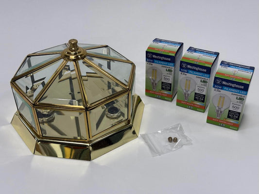 Vintage Brass and Glass Ceiling Light / Octagonal Flush Mount Ceiling Light Fixture / Vintage 80's Brass Decor