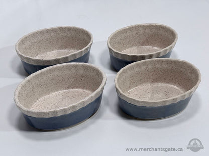 Set of 4 Speckled Stoneware Oval Baking Dishes Blue Glaze Ceramic Ramekins