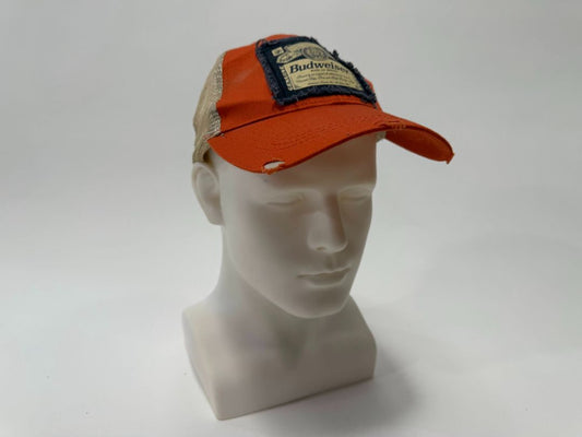Vintage Budweiser Snapback Hat – orange & Beige Distressed Trucker