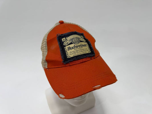 Vintage Budweiser Snapback Hat – orange & Beige Distressed Trucker