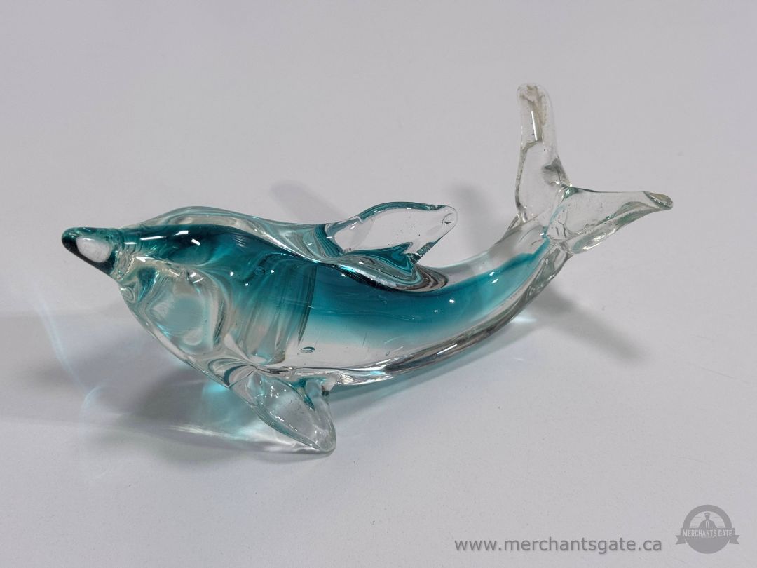 Art Glass Dolphin Figurine Blue Clear Hand Blown Glass Dolphin Sculpture