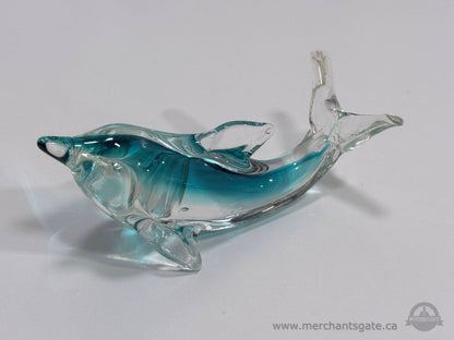 Art Glass Dolphin Figurine Blue Clear Hand Blown Glass Dolphin Sculpture
