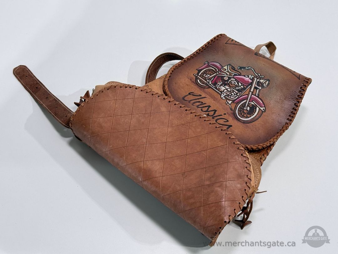 Vintage Leather Motorcycle Backpack Saddle Bag Hand Tooled Classic Bike Design