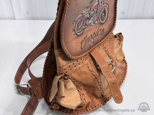 Vintage Leather Motorcycle Backpack Saddle Bag Hand Tooled Classic Bike Design