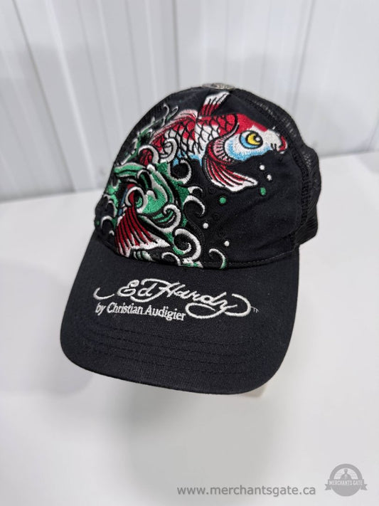 Ed Hardy Trucker Hat by Christian Audigier Embroidered Koi Fish Adjustable Cap