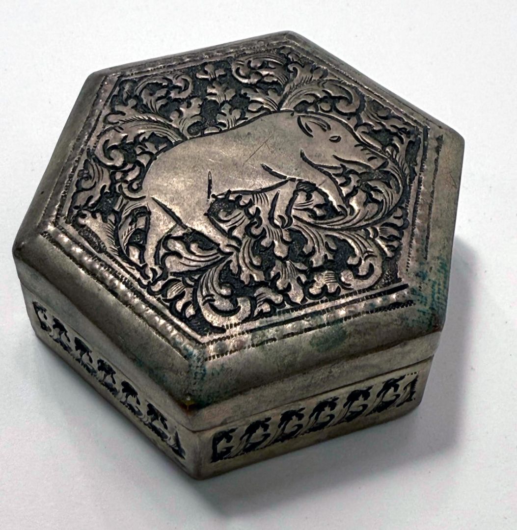 Vintage Hexagonal Boar Silver Trinket Box