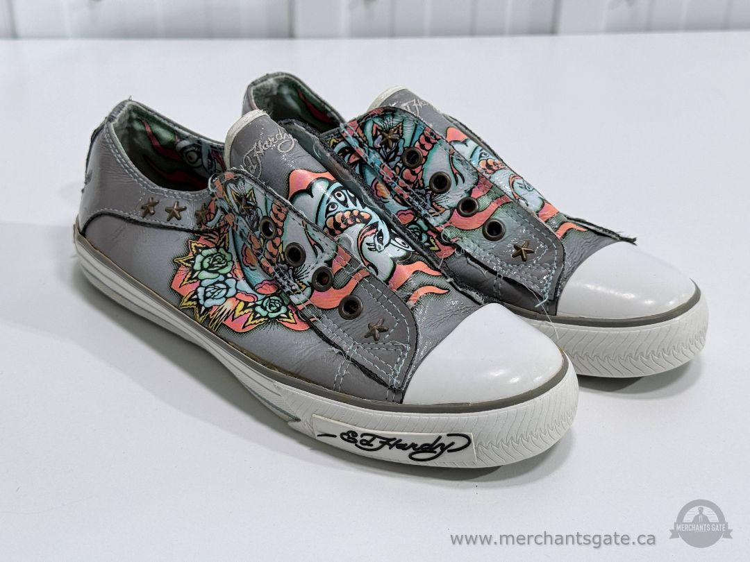Ed Hardy Womens Leather Slip On Sneakers Tattoo Graphic Low Top Shoes Size 8