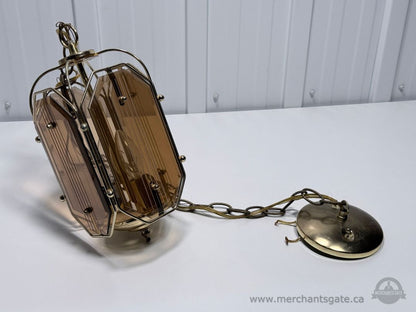 Vintage Hanging Swag Lamp Amber Glass Panels Brass Tone Mid Century Light 10”