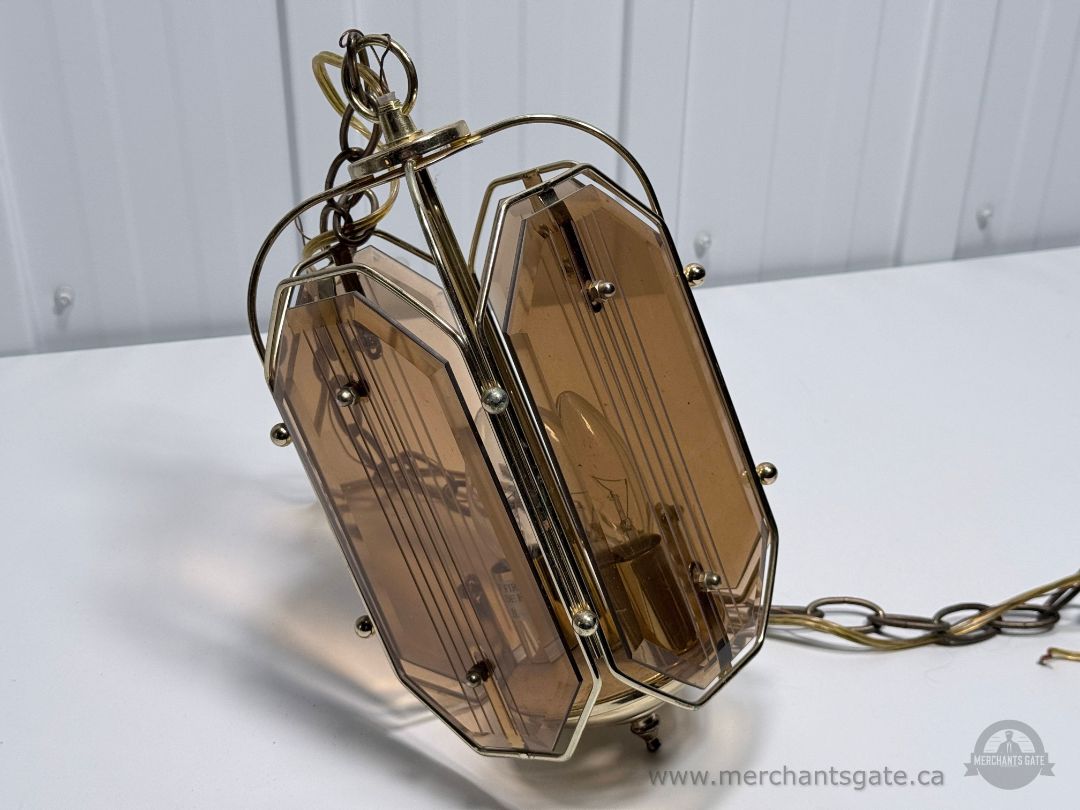 Vintage Hanging Swag Lamp Amber Glass Panels Brass Tone Mid Century Light 10”