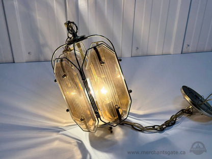 Vintage Hanging Swag Lamp Amber Glass Panels Brass Tone Mid Century Light 10”