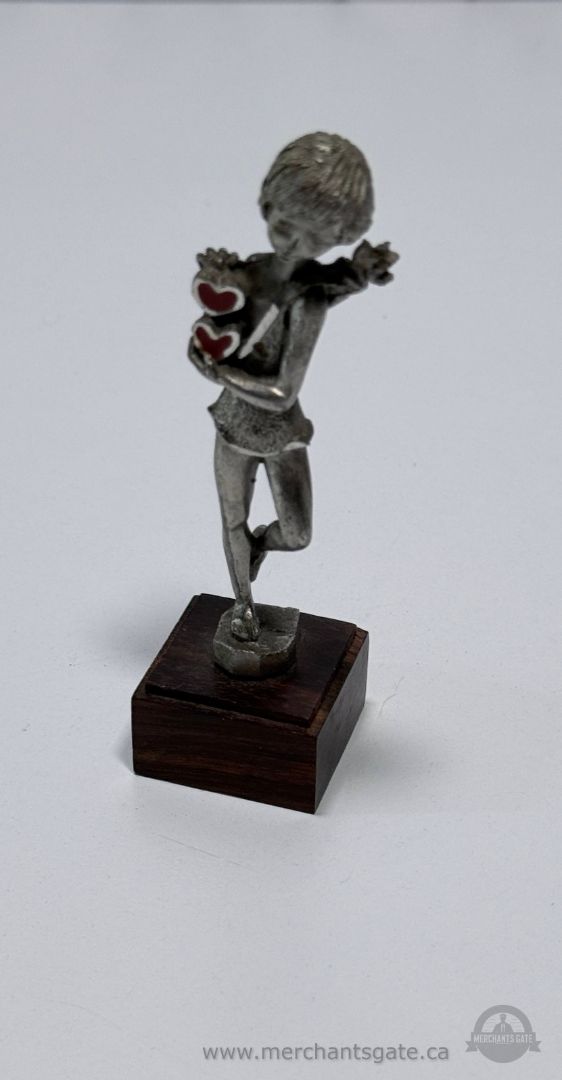 Vintage AL Pewter Figurine Woman with Flowers Pewter Statue on Wood Base