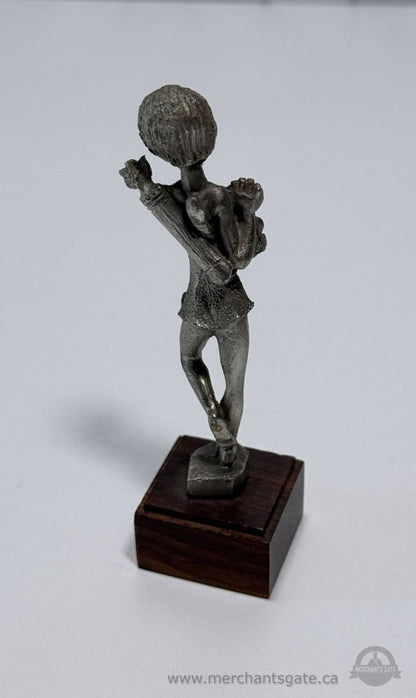 Vintage AL Pewter Figurine Woman with Flowers Pewter Statue on Wood Base