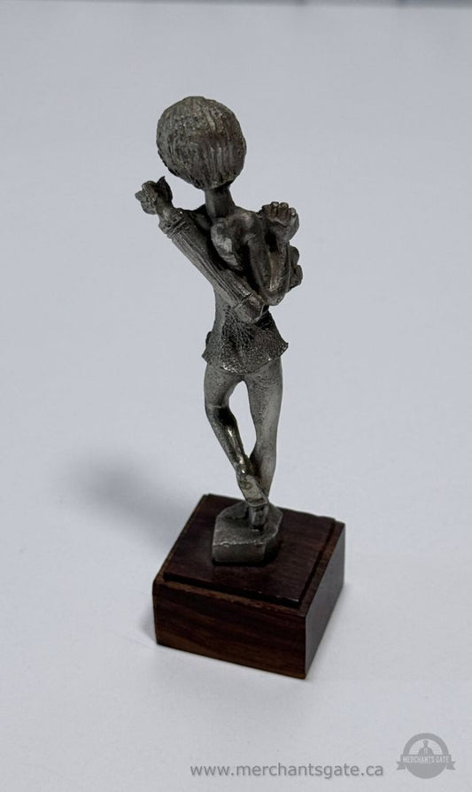 Vintage AL Pewter Figurine Woman with Flowers Pewter Statue on Wood Base