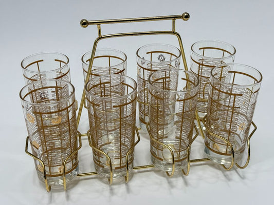 Vintage Mid-Century Modern Gold Bar Glasses with Brass Carrier