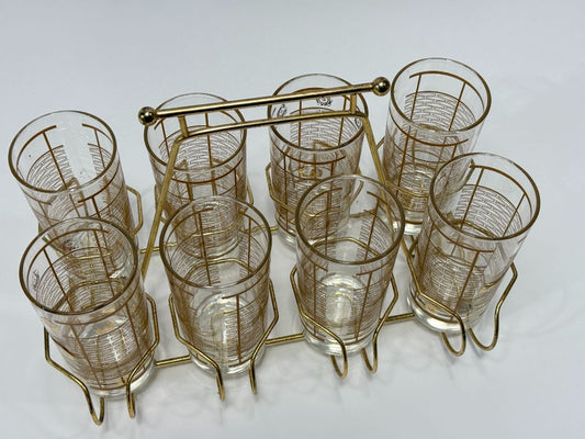 Vintage Mid-Century Modern Gold Bar Glasses with Brass Carrier