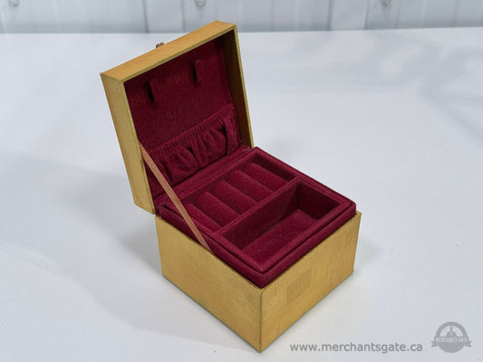 Vintage Gold Tone Jewelry Box with Red Velvet Interior Removable Tray Floral Lid