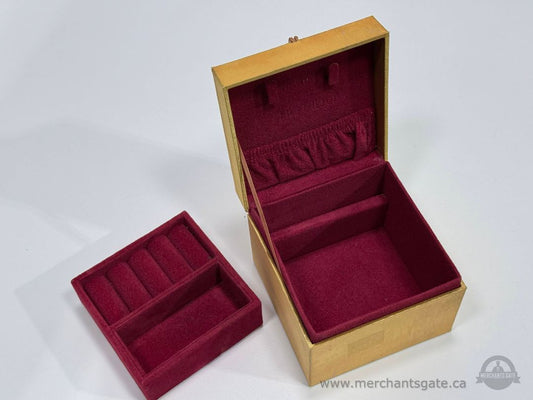 Vintage Gold Tone Jewelry Box with Red Velvet Interior Removable Tray Floral Lid