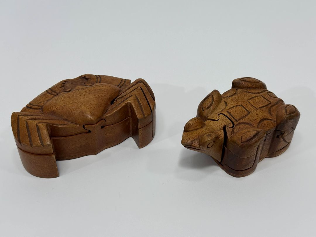 Set of 2 Wooden Puzzle Boxes - 4 pcs Each / Hand Crafted Crab + Turtle