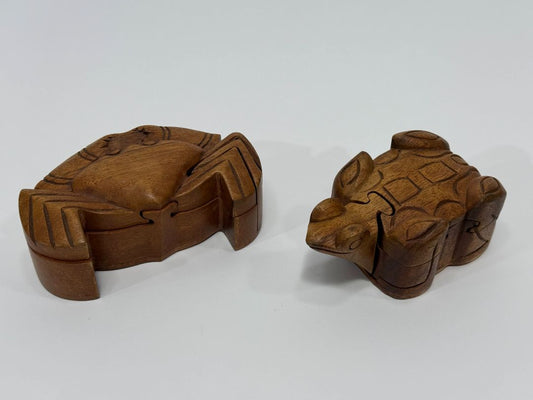 Set of 2 Wooden Puzzle Boxes - 4 pcs Each / Hand Crafted Crab + Turtle