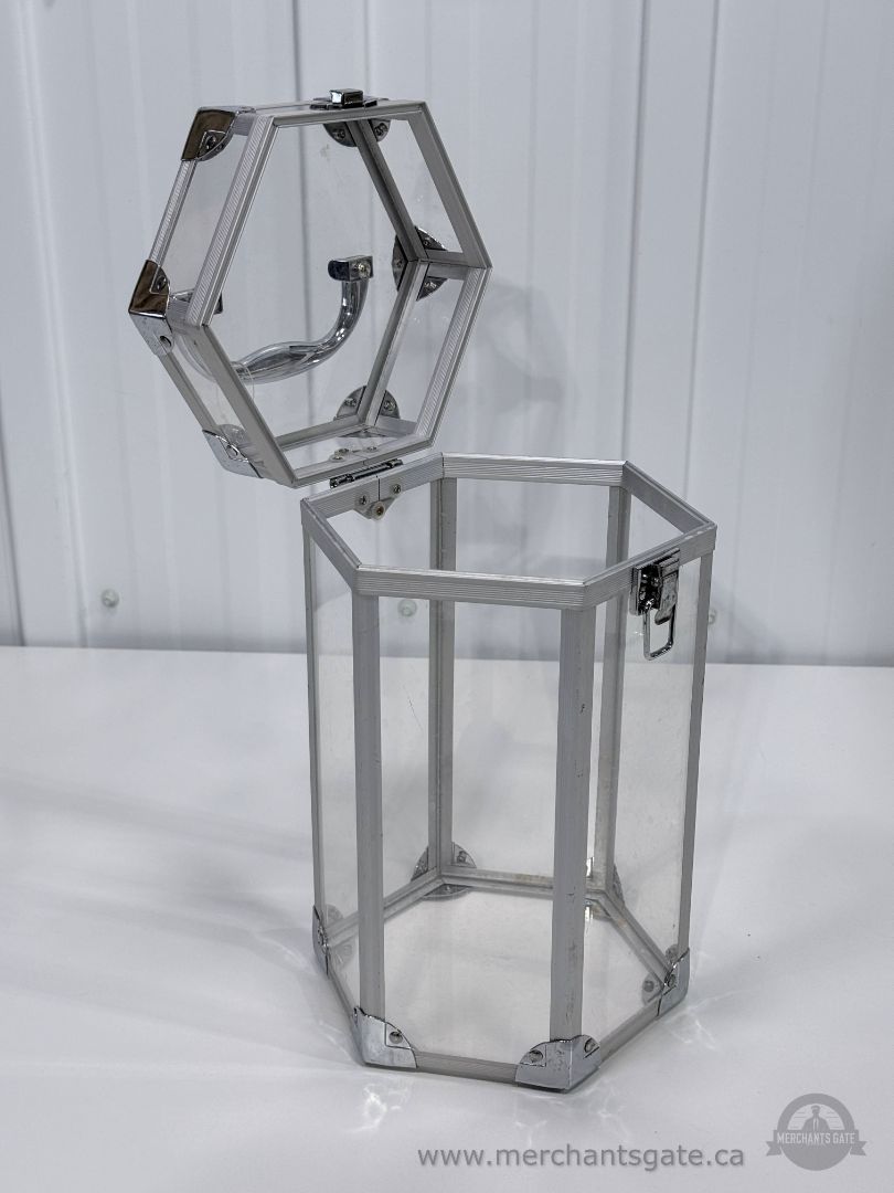 Vintage Glass Display Case Aluminum Frame Hexagon Storage Box with Handle Latch