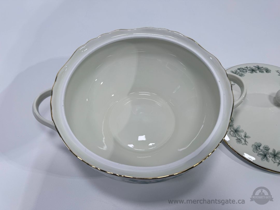 Royal Albert Bone China Covered Vegetable Bowl Green Floral Gold Trim Serving Dish