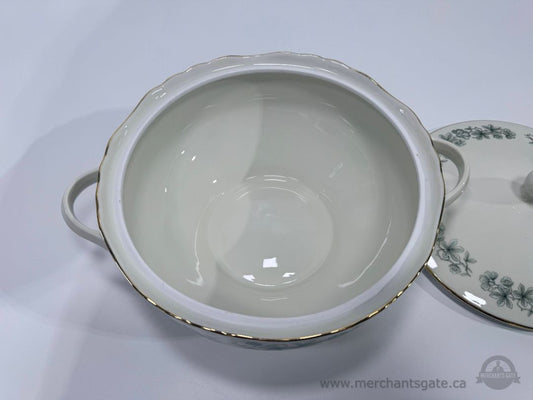 Royal Albert Bone China Covered Vegetable Bowl Green Floral Gold Trim Serving Dish