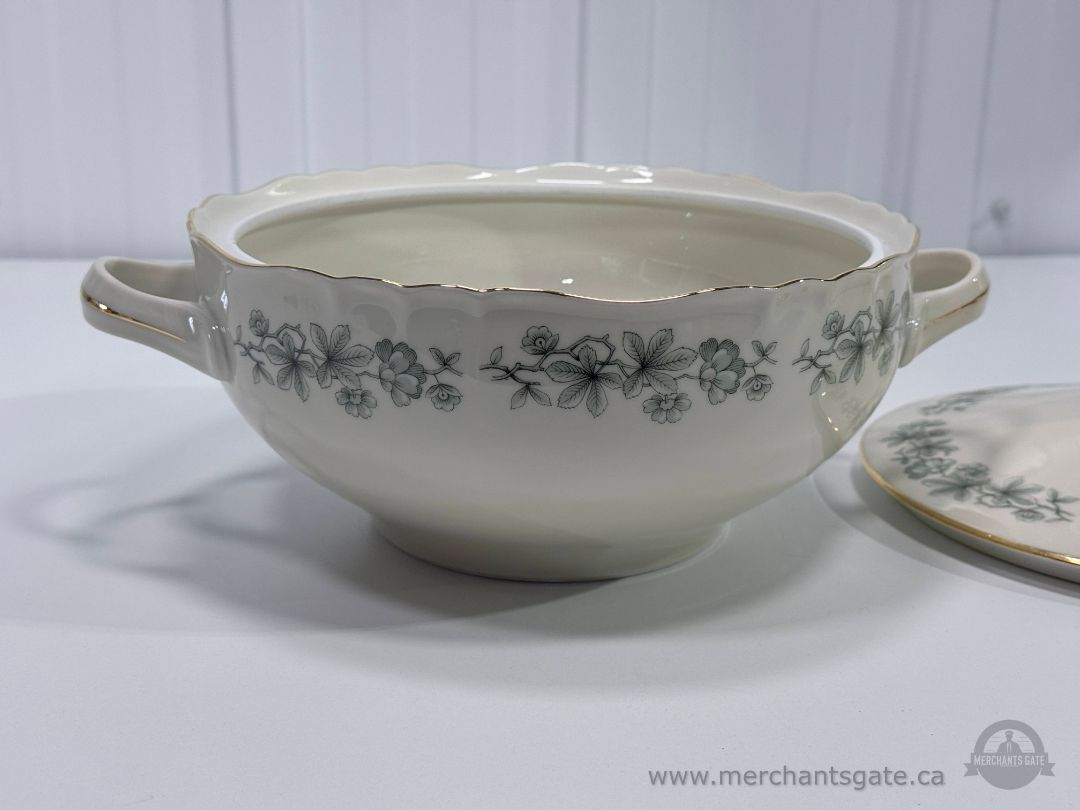 Royal Albert Bone China Covered Vegetable Bowl Green Floral Gold Trim Serving Dish