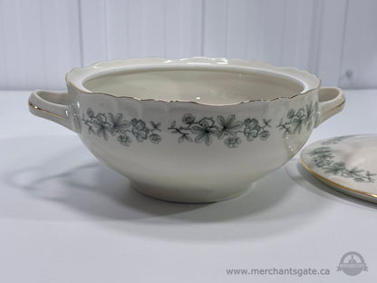 Royal Albert Bone China Covered Vegetable Bowl Green Floral Gold Trim Serving Dish