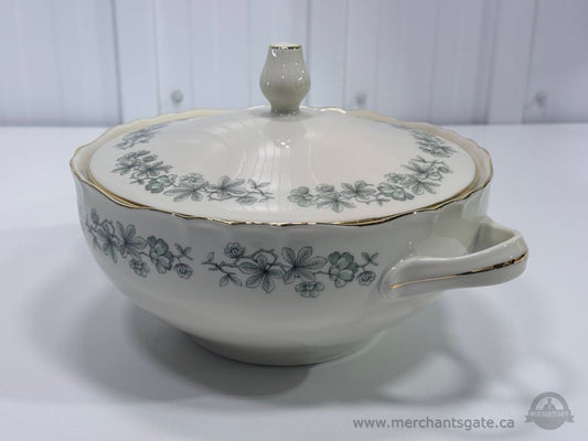 Royal Albert Bone China Covered Vegetable Bowl Green Floral Gold Trim Serving Dish