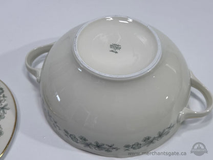 Royal Albert Bone China Covered Vegetable Bowl Green Floral Gold Trim Serving Dish