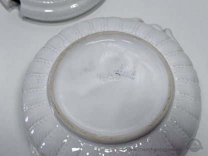 Vintage White Ceramic Soup Tureen with Lid And Ladle Leaf Pattern Serving Dish