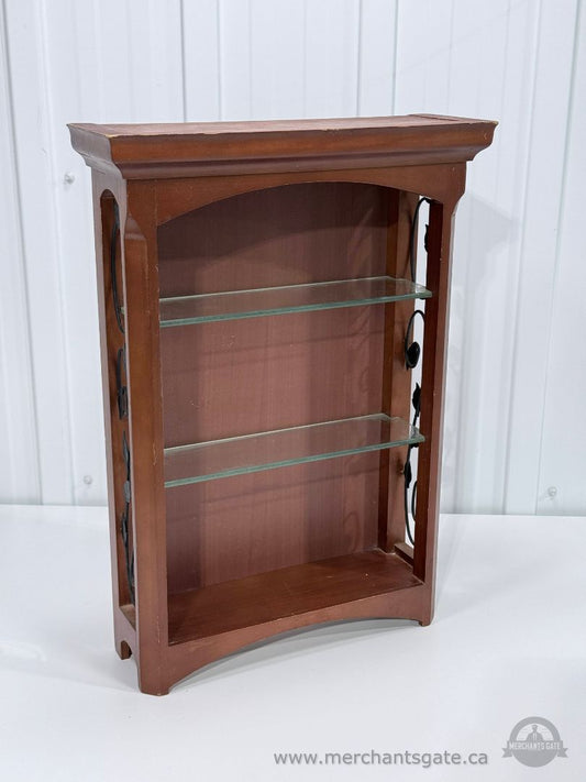Wood Wall Display Shelf with Glass Shelves and Metal Scroll Sides