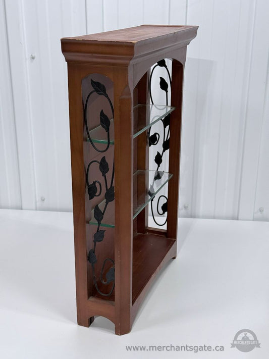 Wood Wall Display Shelf with Glass Shelves and Metal Scroll Sides