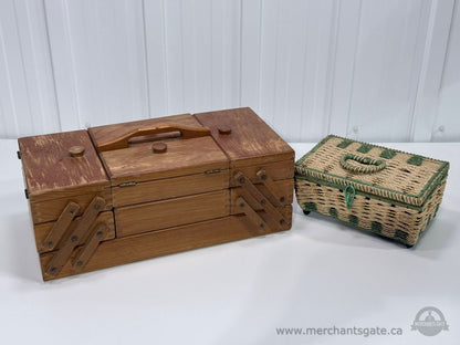 Wood Sewing Box Organizer with Expandable Compartments and Wicker Sewing Basket Set