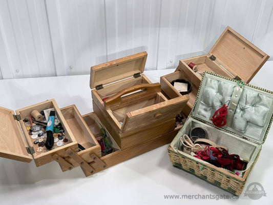 Wood Sewing Box Organizer with Expandable Compartments and Wicker Sewing Basket Set