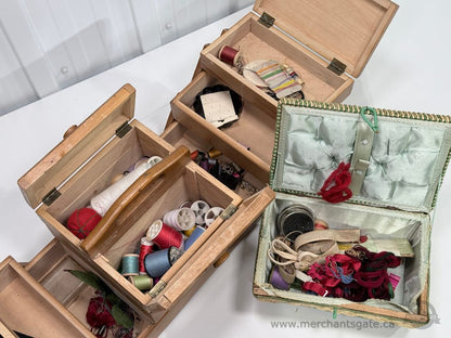 Wood Sewing Box Organizer with Expandable Compartments and Wicker Sewing Basket Set