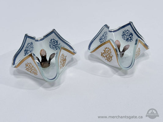 Paragon Glass Handkerchief Style Candle Holders Gold Blue Pattern Vintage Pair
