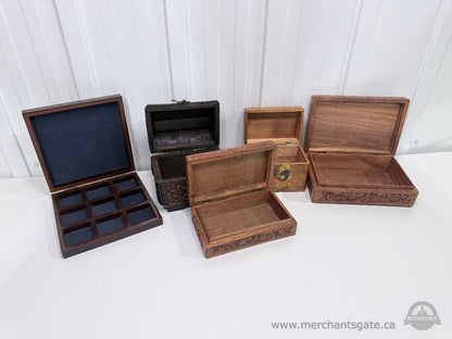 Wooden Storage Boxes Lot Carved Trinket Boxes Tic Tac Toe Game Jewelry Cases