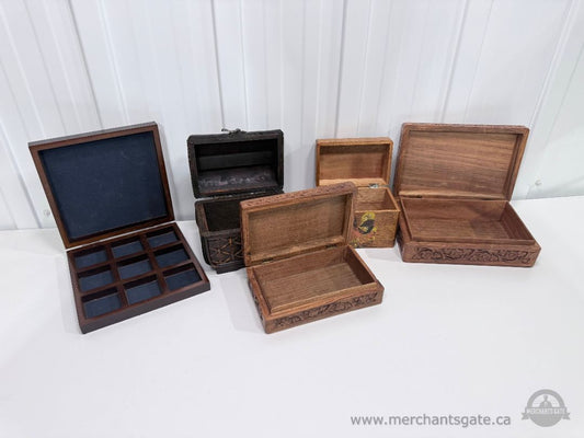 Wooden Storage Boxes Lot Carved Trinket Boxes Tic Tac Toe Game Jewelry Cases