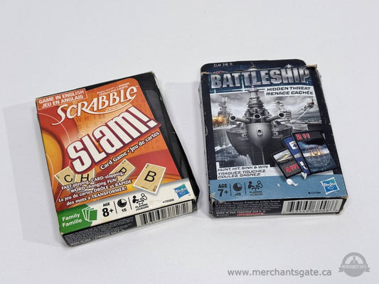Scrabble Slam Card Game and Battleship Hidden Threat Card Game Hasbro Lot
