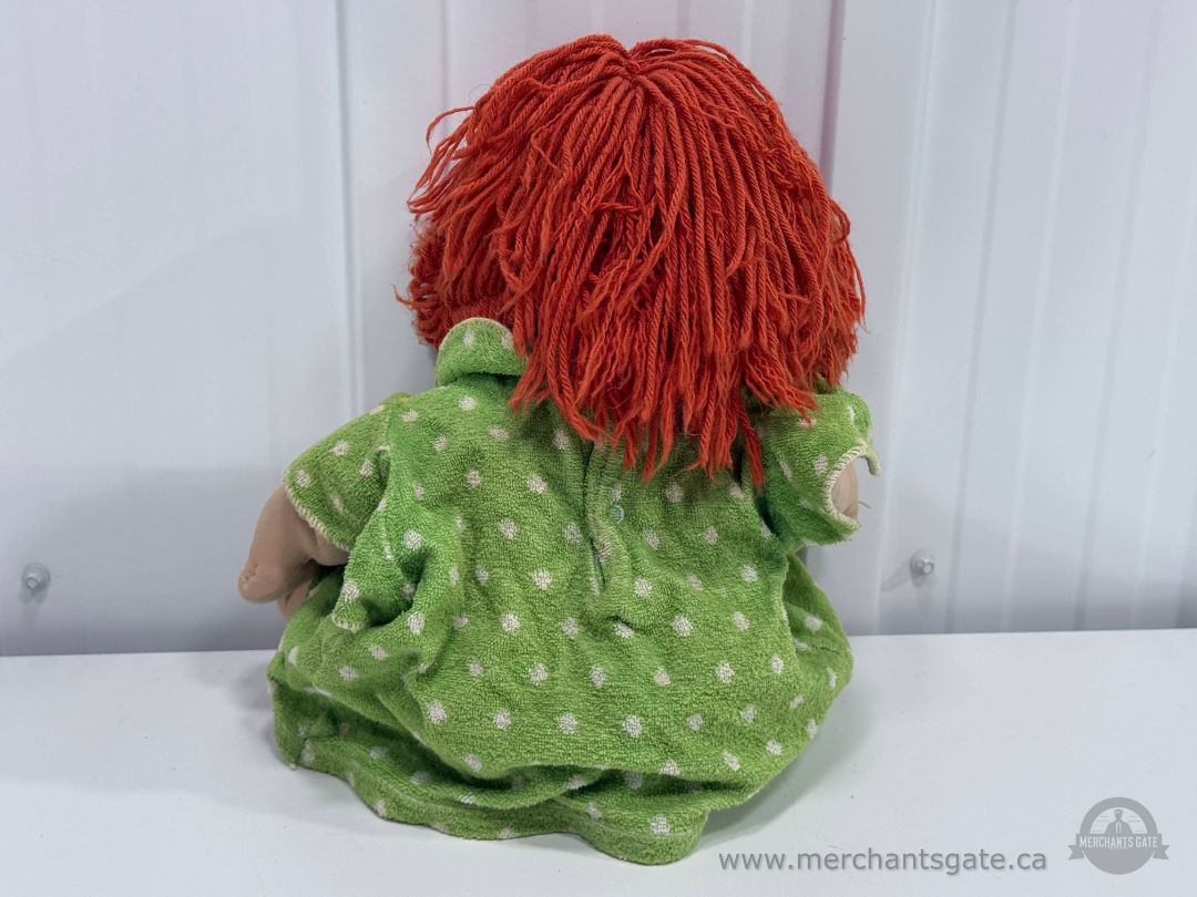 Vintage Cabbage Patch Kids Doll Red Yarn Hair Green Dress Plush Toy