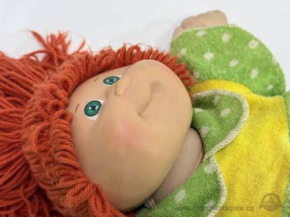 Vintage Cabbage Patch Kids Doll Red Yarn Hair Green Dress Plush Toy