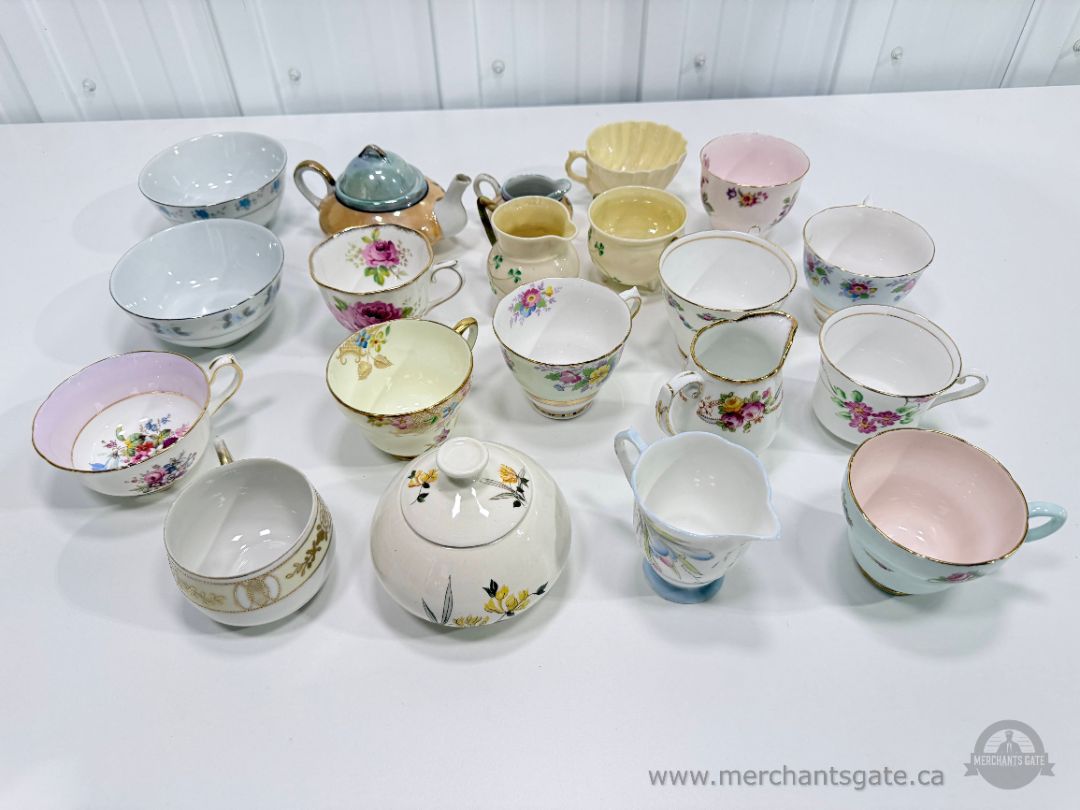 Vintage + Antique Bone China Teacups & Serving Pieces Lot 20 PCS England Floral Mixed Set