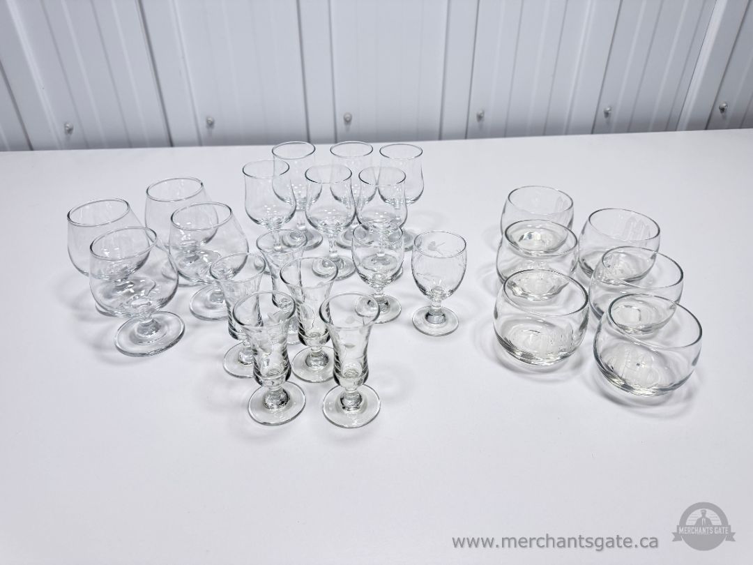 Large Mixed Glassware Lot Stemware Snifters Shot Glasses Etched Tumblers Set